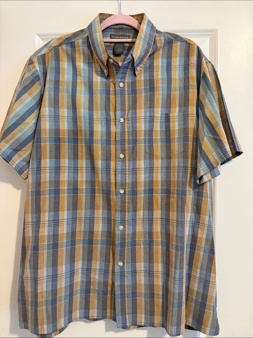 Saddlebred Plaid Short-Sleeve Button-Down Shirt - Blue & Tan
